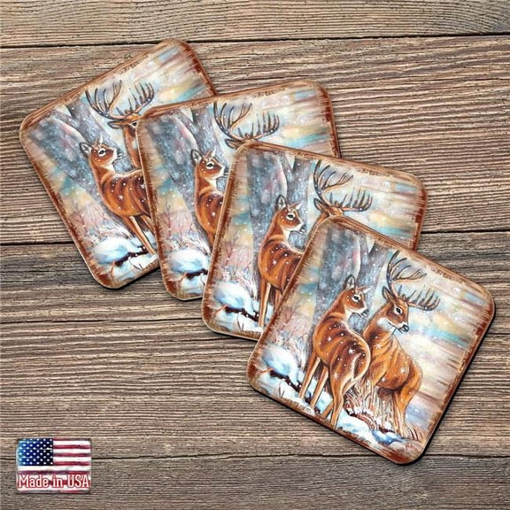 Deer's Wooden Cork Coasters Gift Set of 4 by Nature Wonders | Nature Wildlife Decor - 95212C-S4