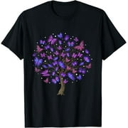 Nature-inspired Purple Butterfly Tree Graphic T-Shirt with Animal Motif
