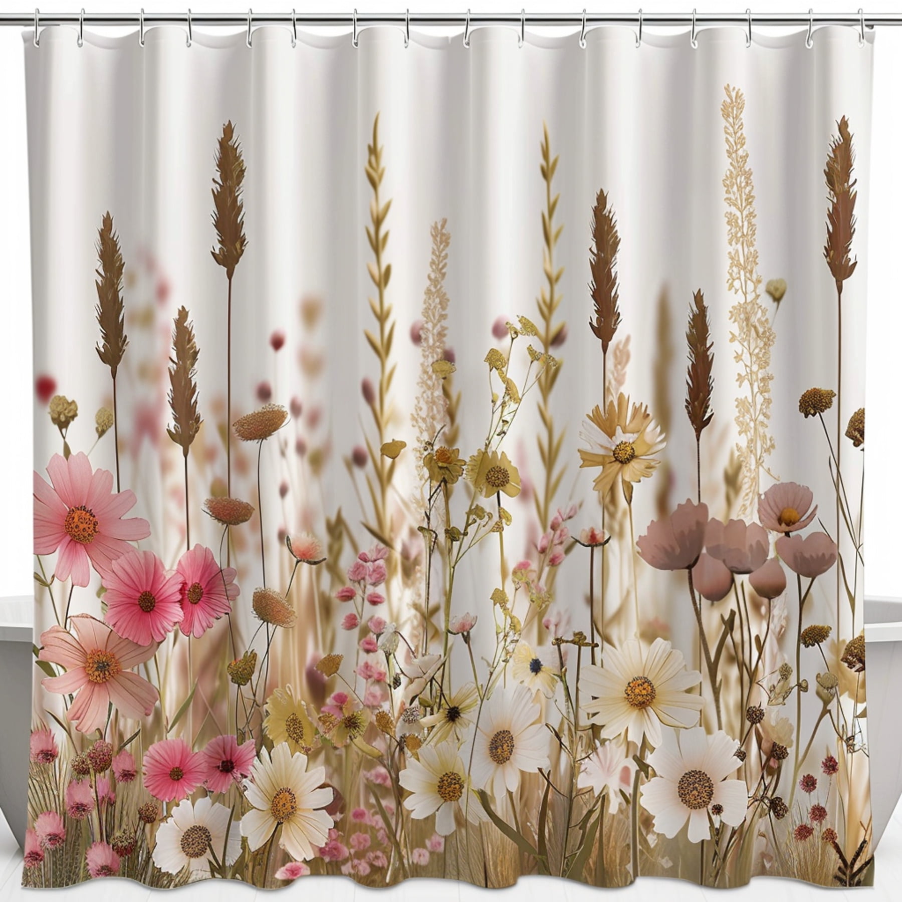 Nature's Beauty: Wildflower Field Shower Curtain in Pink Brown Beige ...