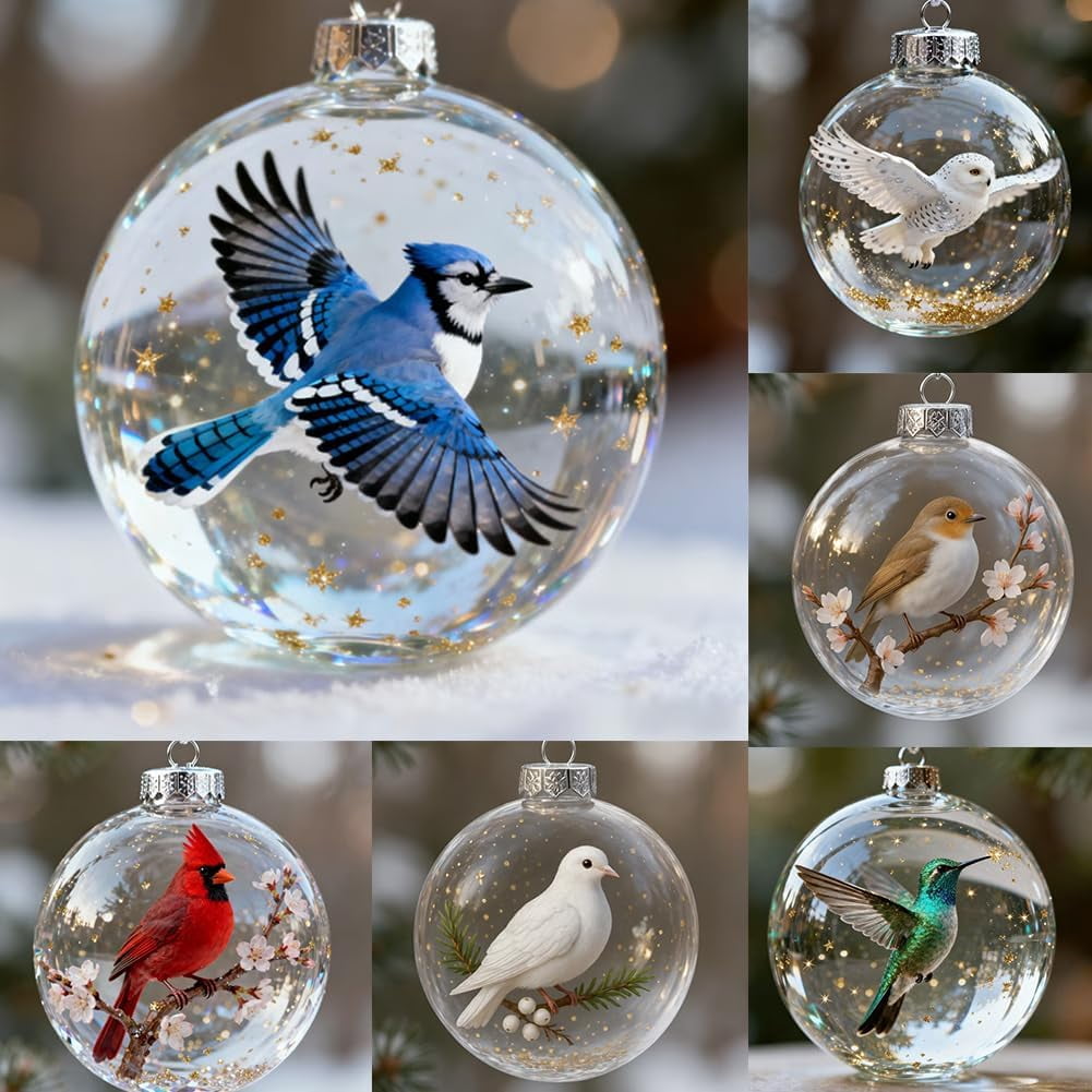 Nature’s Birds Crystal Glass Ornament Set, Hummingbird Ornaments for Christmas Tree Cardinal Bird Glass Clear Plastic Christmas Balls Xmas Tree Memorial Gifts, Holiday Family(Hummingbird)