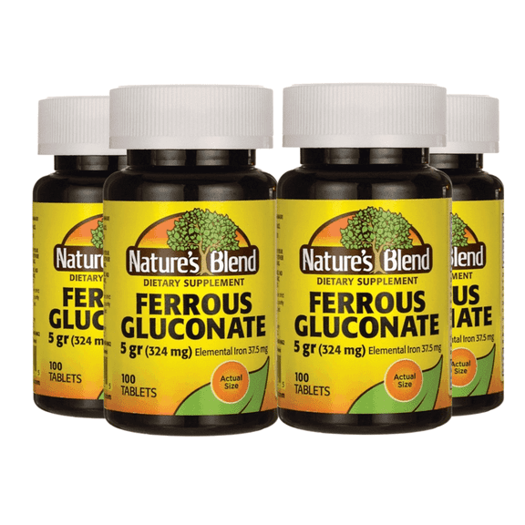 Natures Blend [High Potency] Ferrous Gluconate 5 gr (324 mg) | 100 Tablets | 4PK