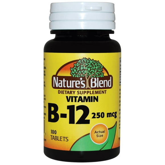 Nature's Blend Vitamin B12 Supplement for Cardiovascular Support, Energy Metabolism, Cognitive Function, Immune System Booster & Mood Enhancement - 250mcg Cyanocobalamin - 100 Tabs - Pack of 1