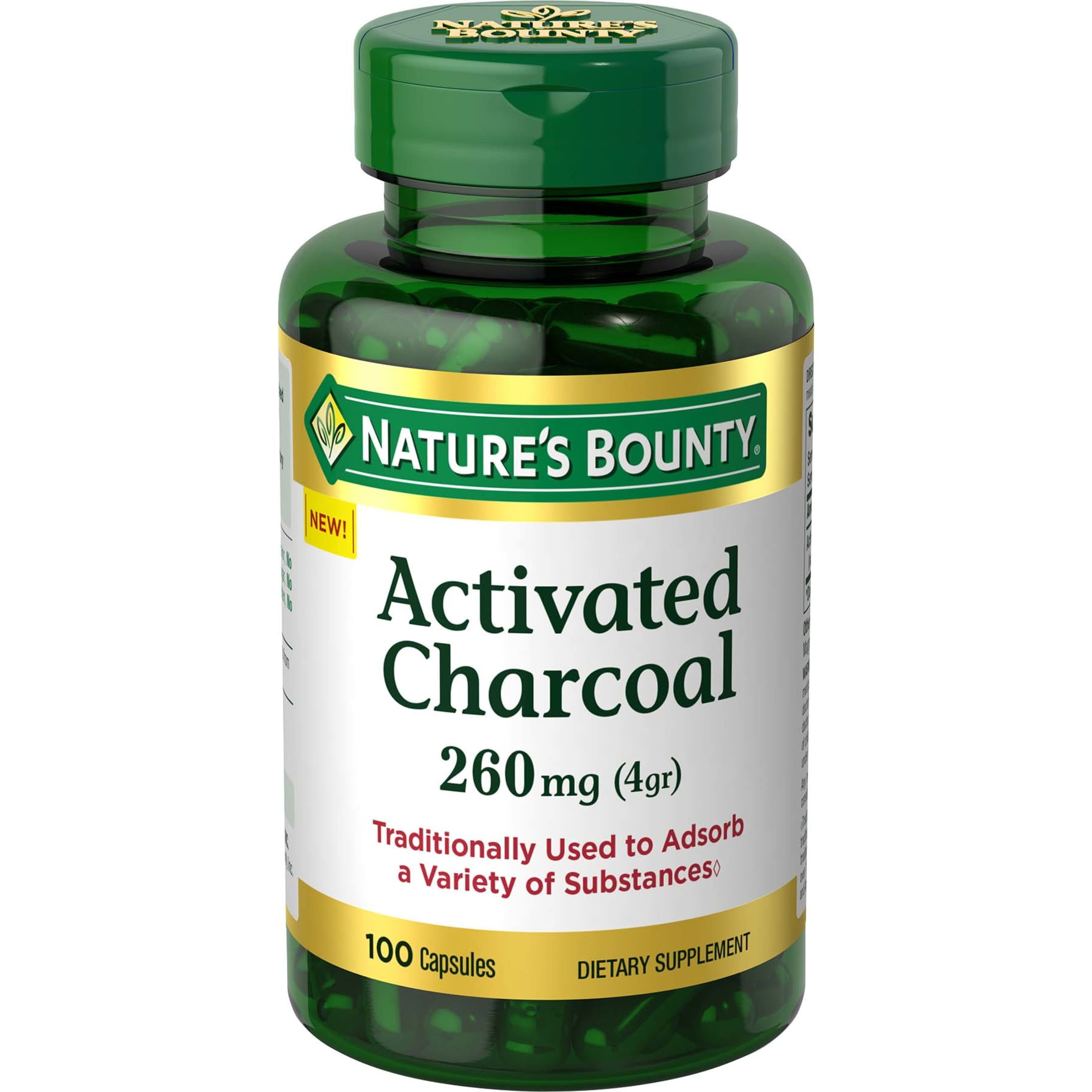 Nature's Bounty Activated Charcoal Dietary Supplement Capsules, 260 Mg, 100 Ct