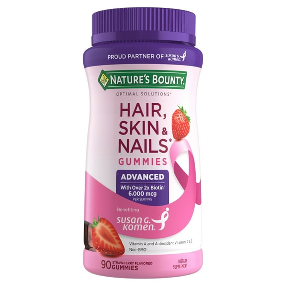Nature's Bounty Advanced Hair, Skin and Nails Gummies, Biotin 6000 mcg, Vitamins A, C, and E, Strawberry, 90 Ct