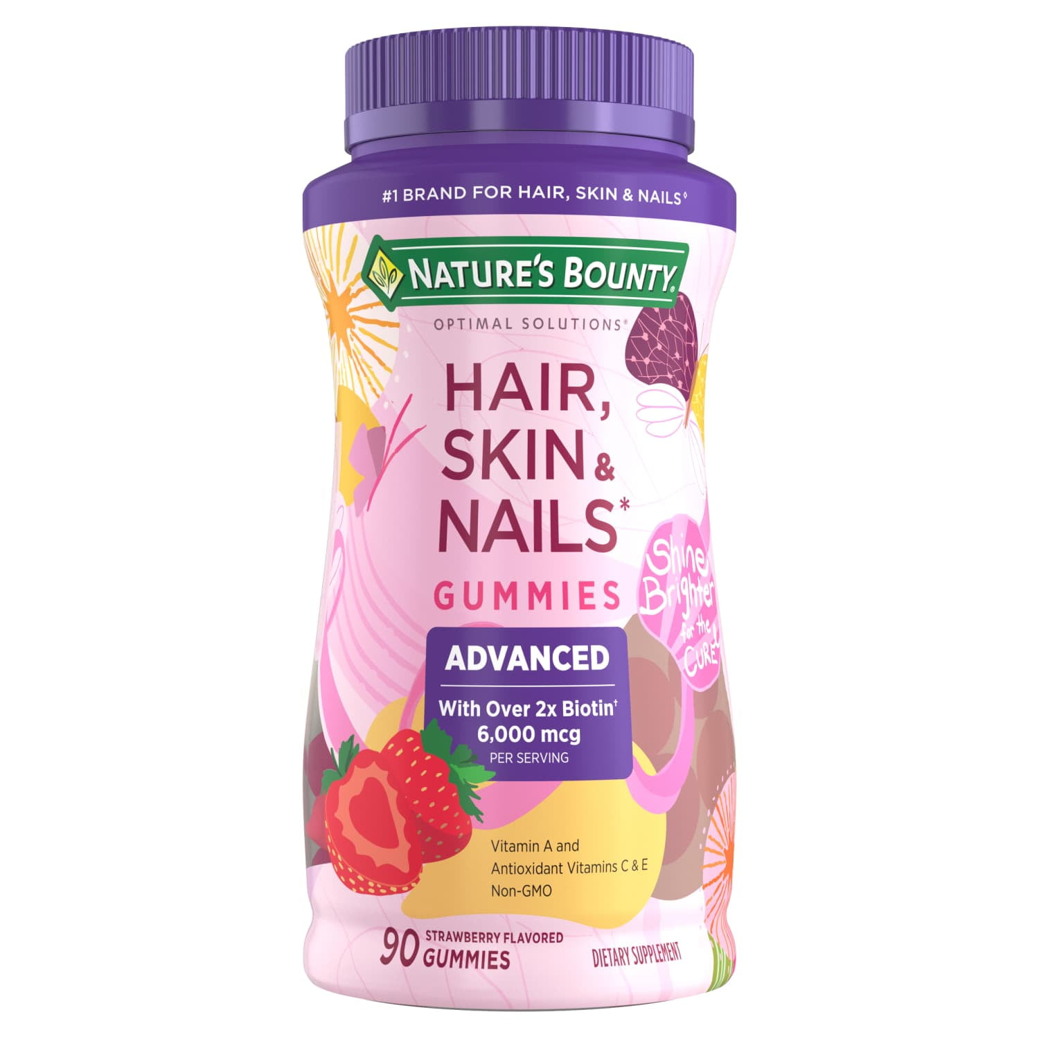 Nature's Bounty Advanced Hair, Skin and Nails Gummies, Biotin 6000 mcg, Vitamins A, C, and E, Strawberry, 90 Ct