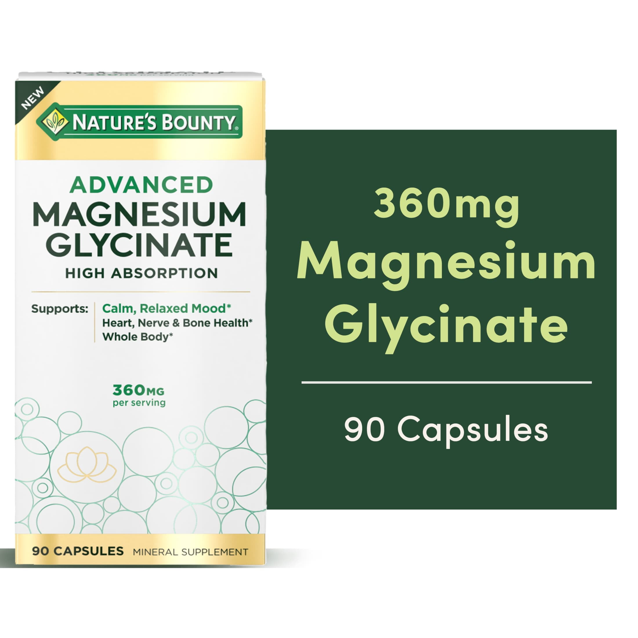 Natures Bounty Advanced Magnesium Glycinate Supplement, Heart, Nerves, Muscle & Bone Health Support, 360mg, 90 Count