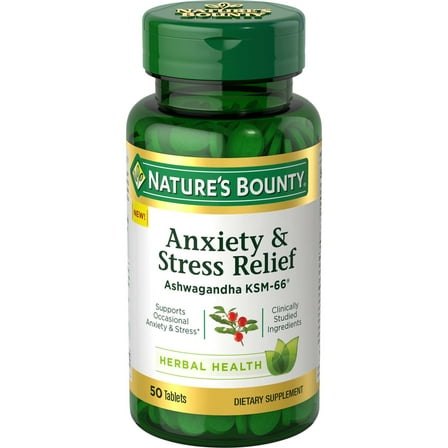 Nature’s Bounty Anxiety & Stress Relief Ashwagandha KSM 66, L-Theanine, Dietary Supplement, Tablets, 50 Ct