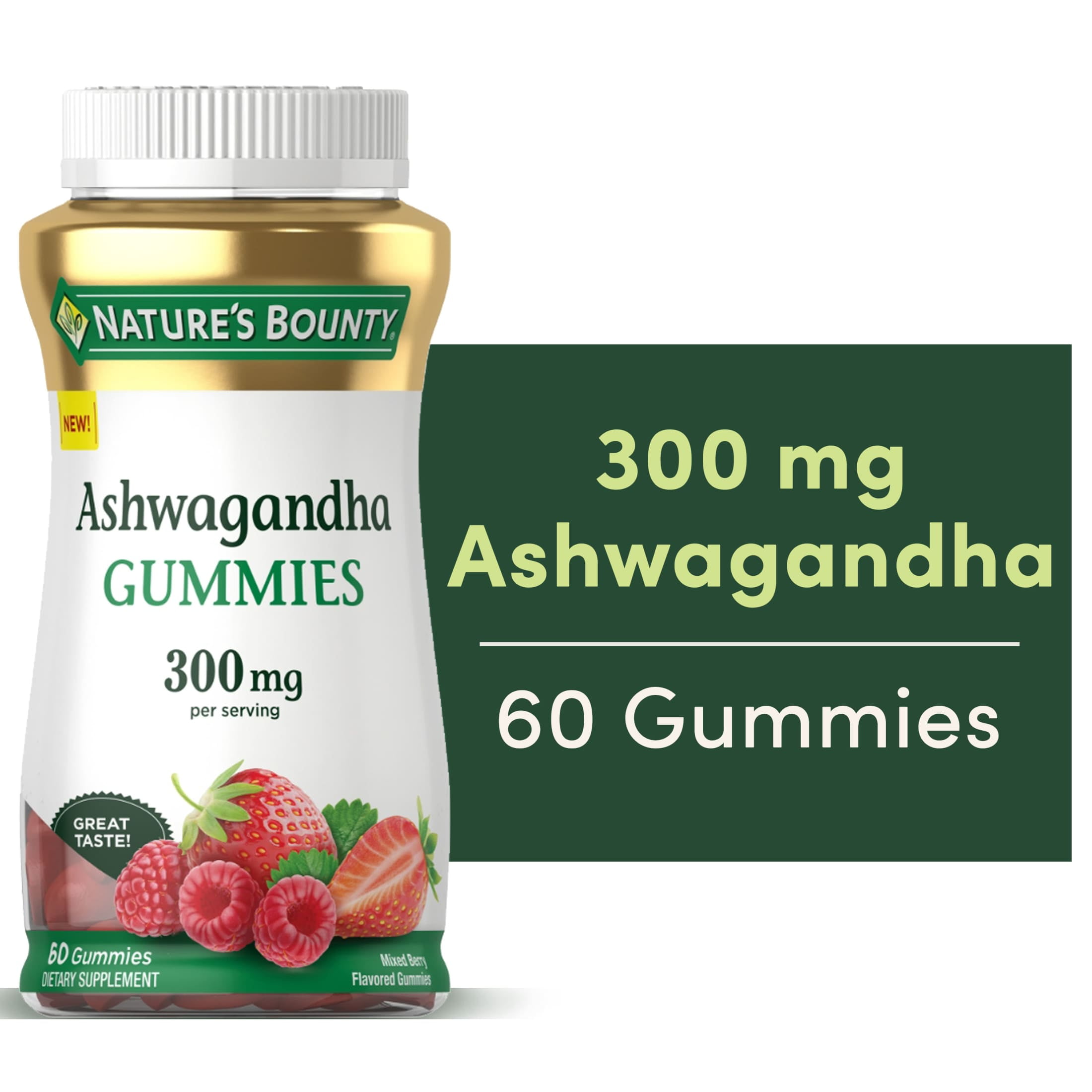 Natures Bounty Ashwagandha Gummies for Stress Support, KSM-66 300mg, Mixed Berry, 60 Gummies