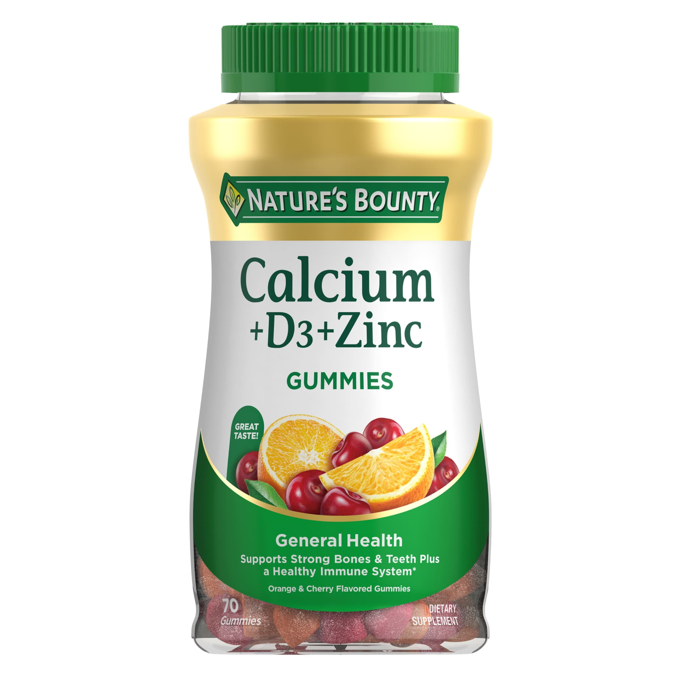 Natures Bounty Calcium + D3 + Zinc Immune Support Gummies, 500mg, Orange & Cherry Flavor, 70 Count