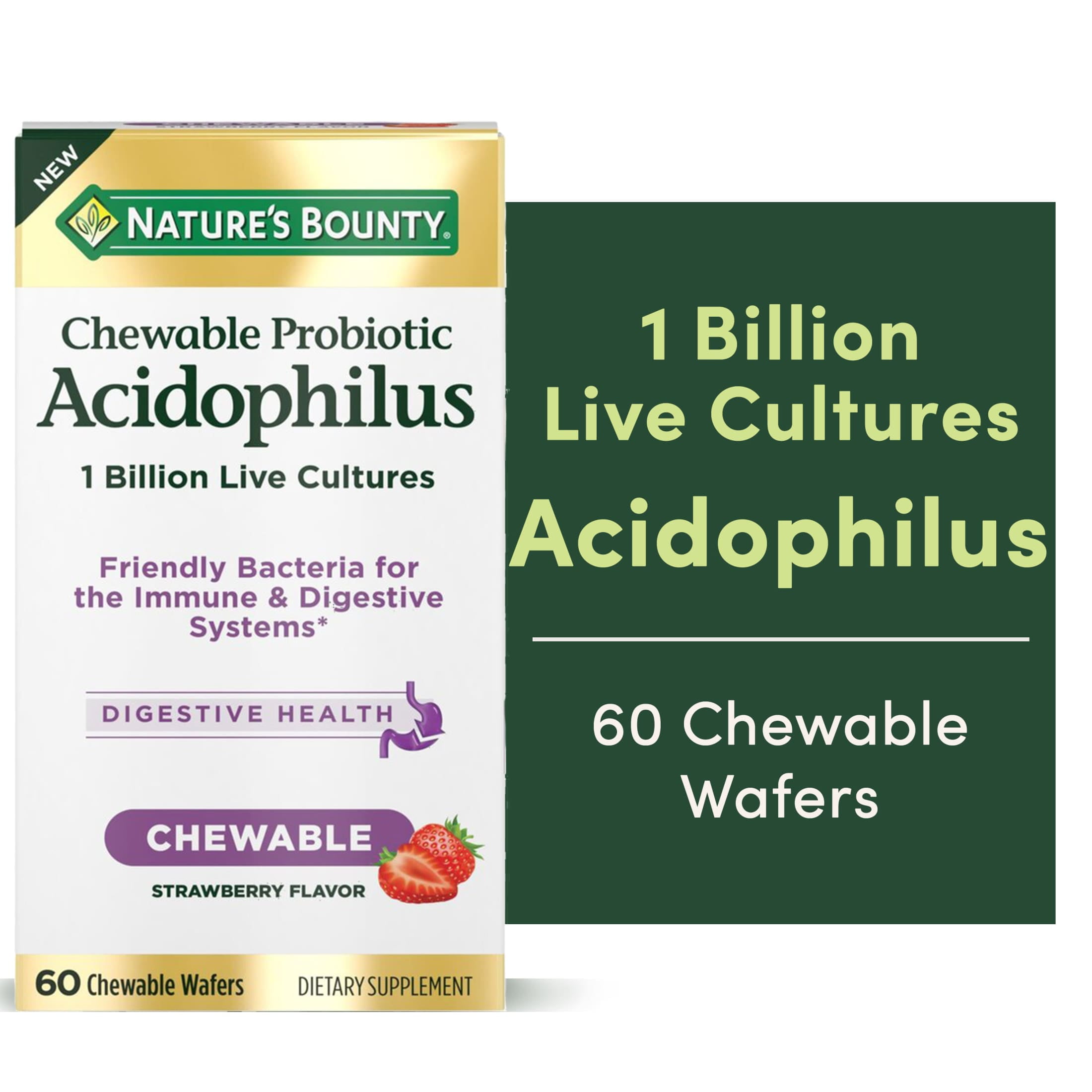 Nature’s Bounty Chewable Probiotic Acidophilus with 1 Billion Live Cultures, 60 Wafers