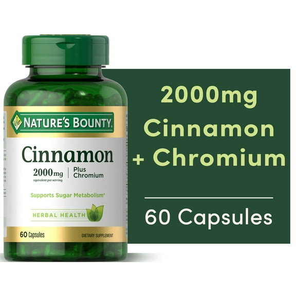 Nature’s Bounty Cinnamon 2000mg Plus Chromium Capsules, Supports Sugar Metabolism, Herbal Health, 60 Count