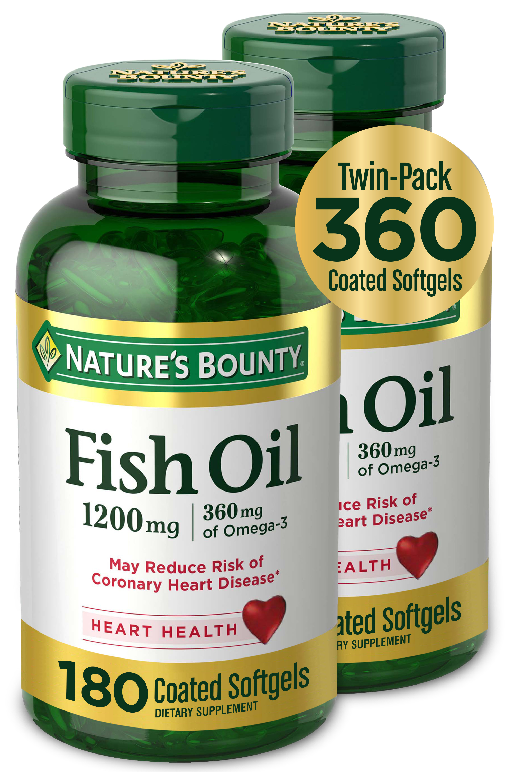 Nature's Bounty Fish Oil Softgels, 1200Mg, 180 Ct, 2 Pack - image 1 of 7