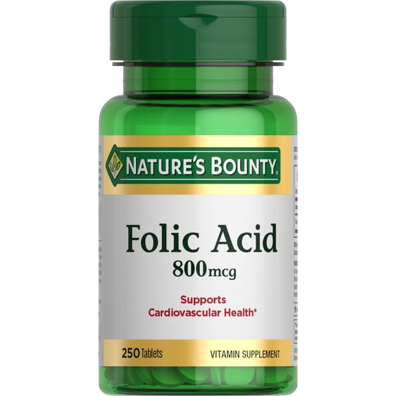 Natures Bounty Folic Acid Supplements for Women 800 mcg, Supports Cardiovascular Health, 250 Count
