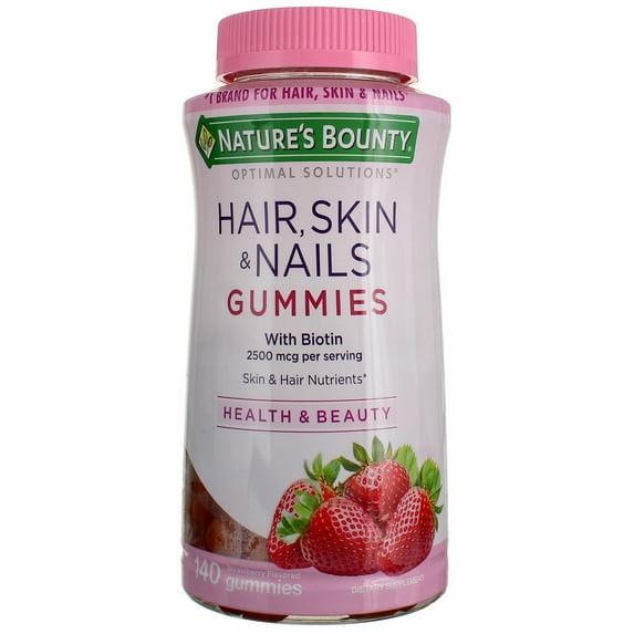 Nature's Bounty Hair, Skin, and Nails with Biotin Optimal Solutions, Multivitamin Supplement, Strawberry Gummies, 2500 mcg, 140 ct (Pack of 2)