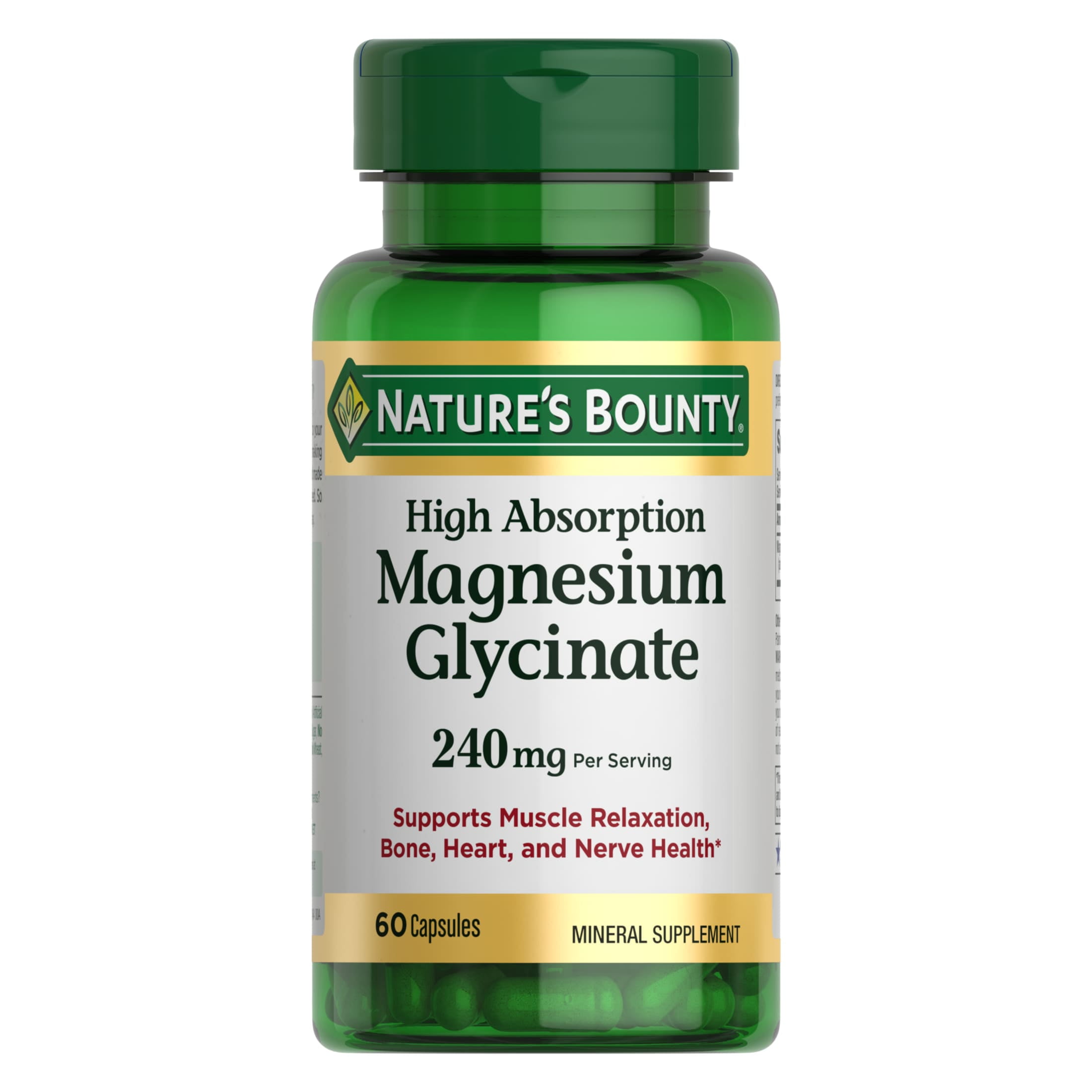 Nature's Bounty High Absorption Magnesium Glycinate Supplements, 240mg, Supports Muscle Relaxation, Bone Heart and Nerve Health, 60 Capsules