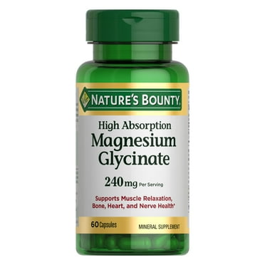 Nature's Bounty High Absorption Magnesium Glycinate Supplements, 240mg, Supports Muscle Relaxation, Bone Heart and Nerve Health, 60 Capsules