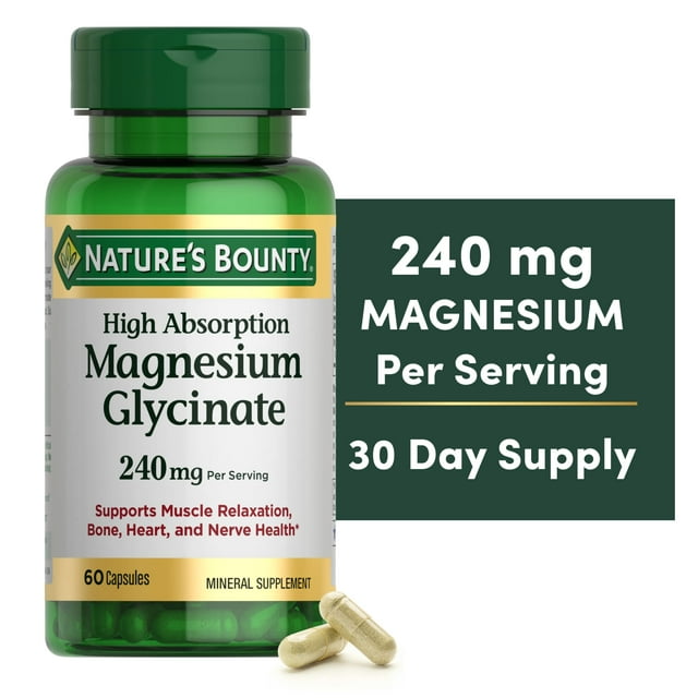 Nature's Bounty High Absorption Magnesium Glycinate Supplements, 240mg, Supports Muscle Relaxation, Bone Heart and Nerve Health, 60 Capsules