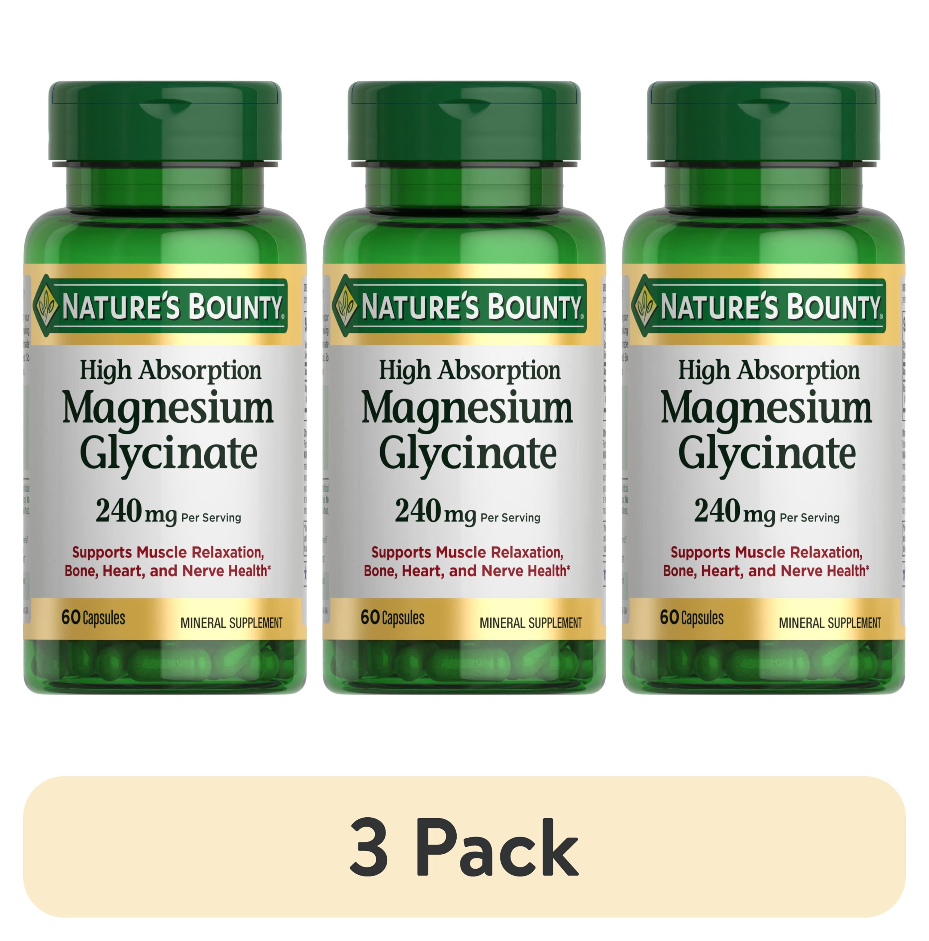 (3 pack) Nature's Bounty High Absorption Magnesium Glycinate Supplements, 240mg, Supports Muscle Relaxation, Bone Heart and Nerve Health, 60 Capsules