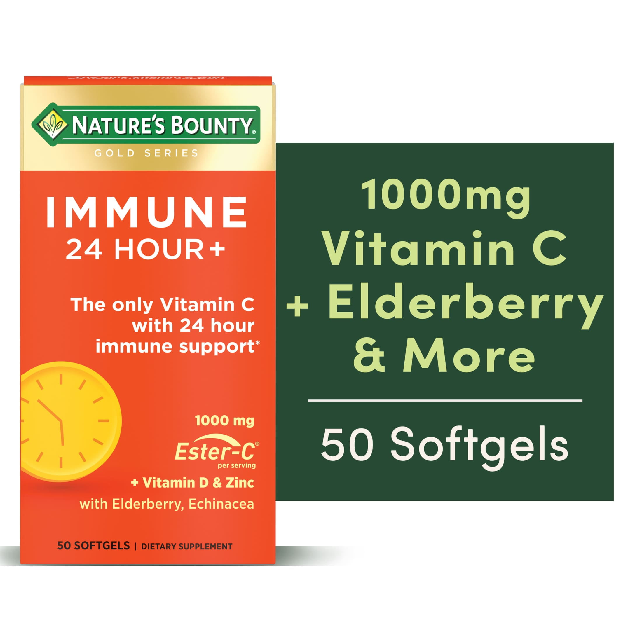Nature's Bounty Immune 24 Hour Vitamin C, D3 & Zinc for Immune Support, 1000 mg Softgels, 50 Count