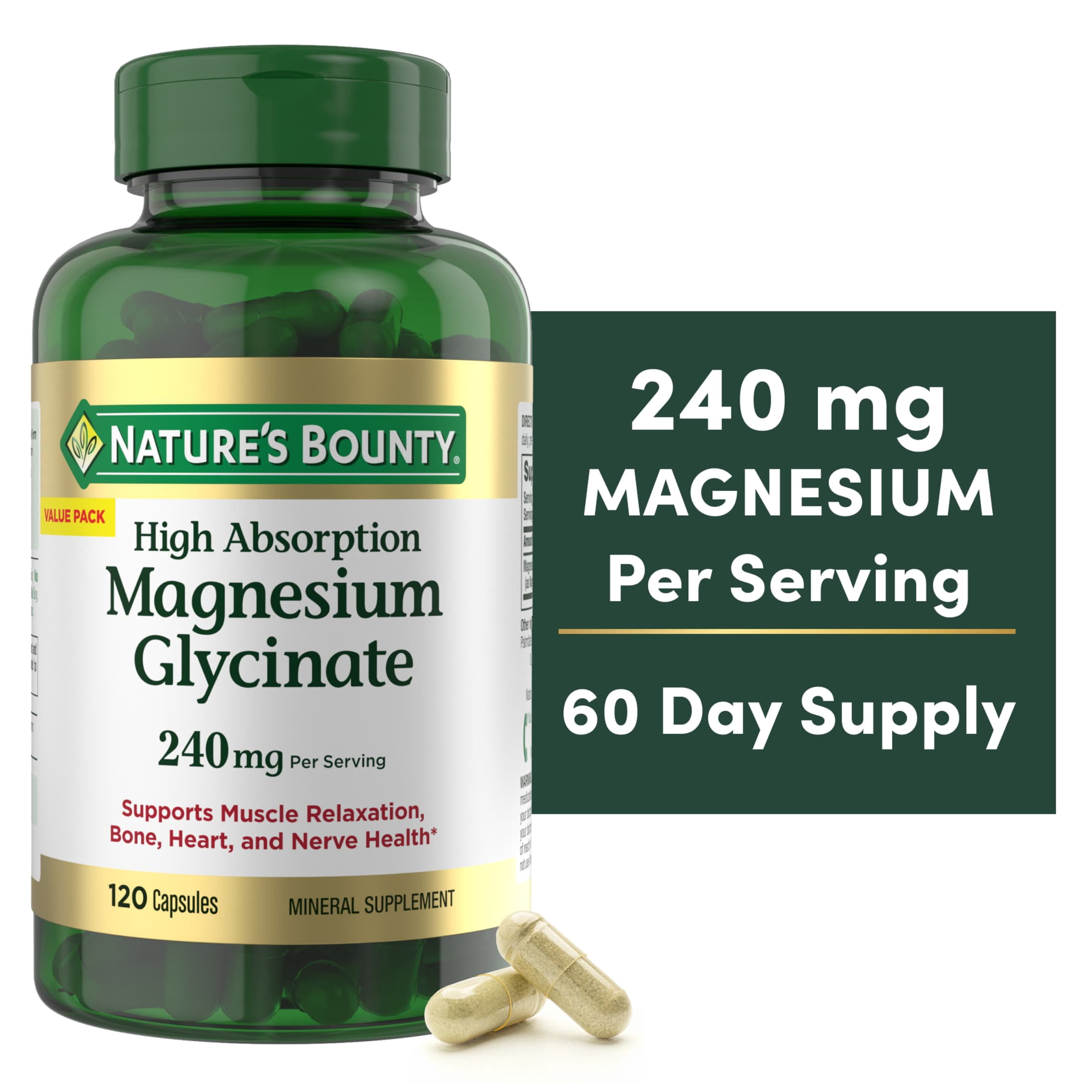 Nature's Bounty High Absorption Magnesium Glycinate Supplement, 240mg, Muscle Relaxation, Bone Heart Nerve Health, 120 Capsules