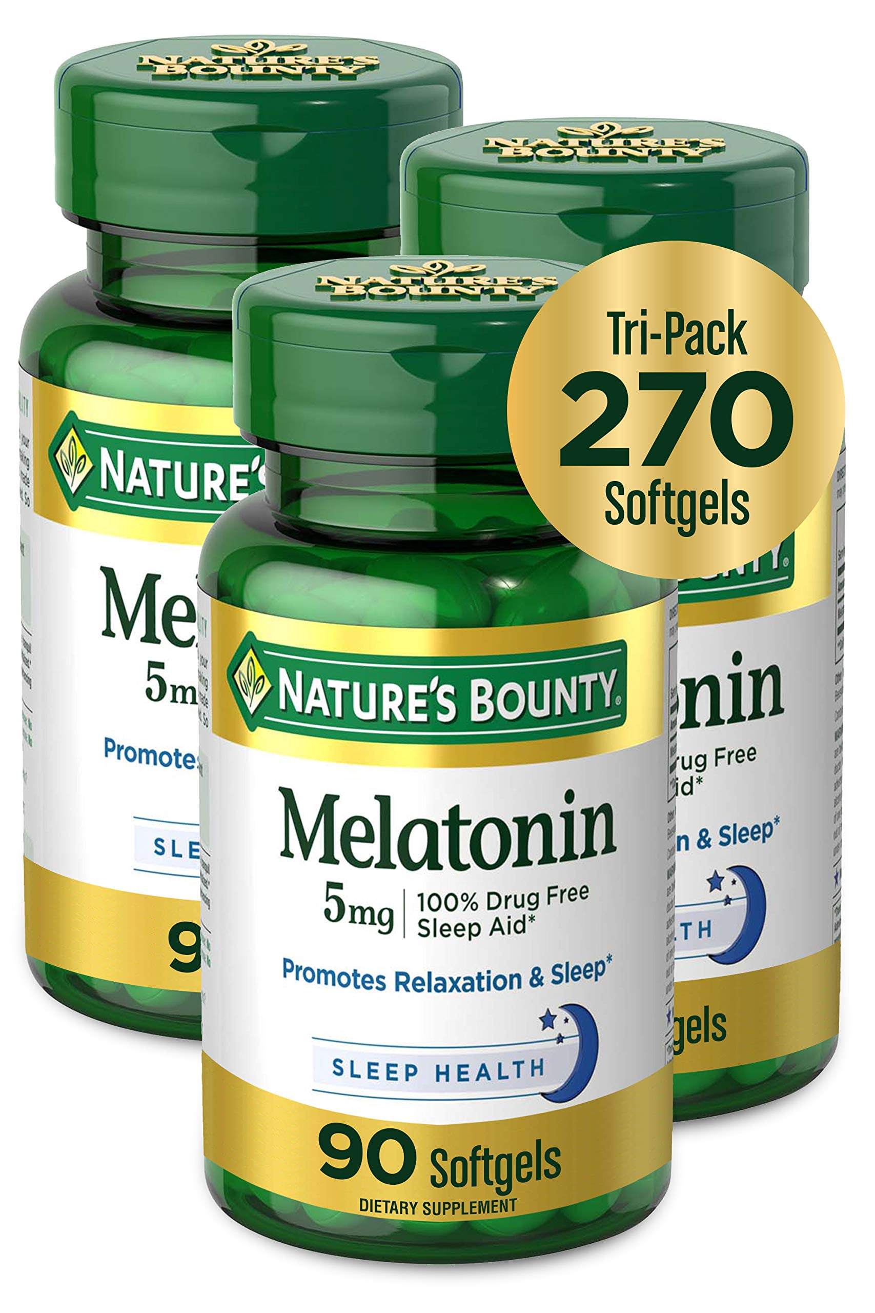 Nature's Bounty Melatonin 100% Drug Free Sleep Aid, Dietary Supplement, Promotes Relaxation and Sleep Health, 5 mg, 90 Count, Pack of 3