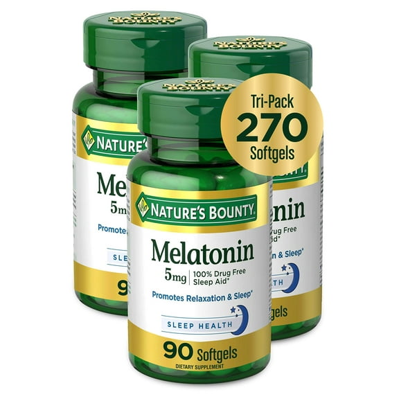 Nature's Bounty Melatonin 100% Drug Free Sleep Aid, Dietary Supplement, Promotes Relaxation and Sleep Health, 5 mg, 90 Count, Pack of 3