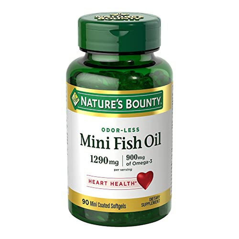 Nature's Bounty Mini Fish Oil Softgels 1290 mg, Omega-3, Supports Heart Health, Odor-Less, 90 Mini Coated Softgels