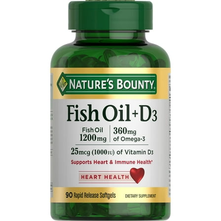 Nature's Bounty Omega 3 Fish Oil 1200 mg + D3 Softgels for Heart & Immune Health, 90 ct