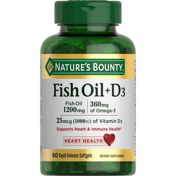 Nature's Bounty Omega 3 Fish Oil 1200 mg + D3 Softgels for Heart & Immune Health, 90 ct