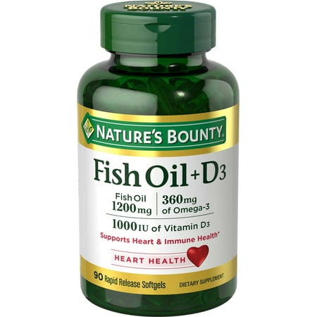 Nature's Bounty Omega 3 Fish Oil 1200 mg + D3 Softgels for Heart & Immune Health, 90 ct