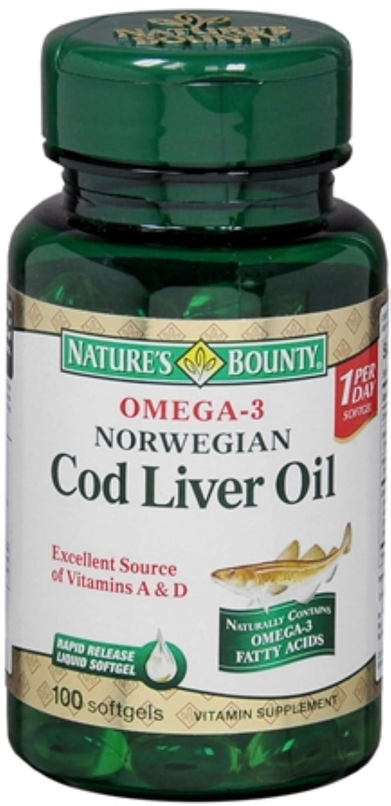 Nature's Bounty Omega3 Norwegian Cod Liver Oil Softgels 100 Soft Gels