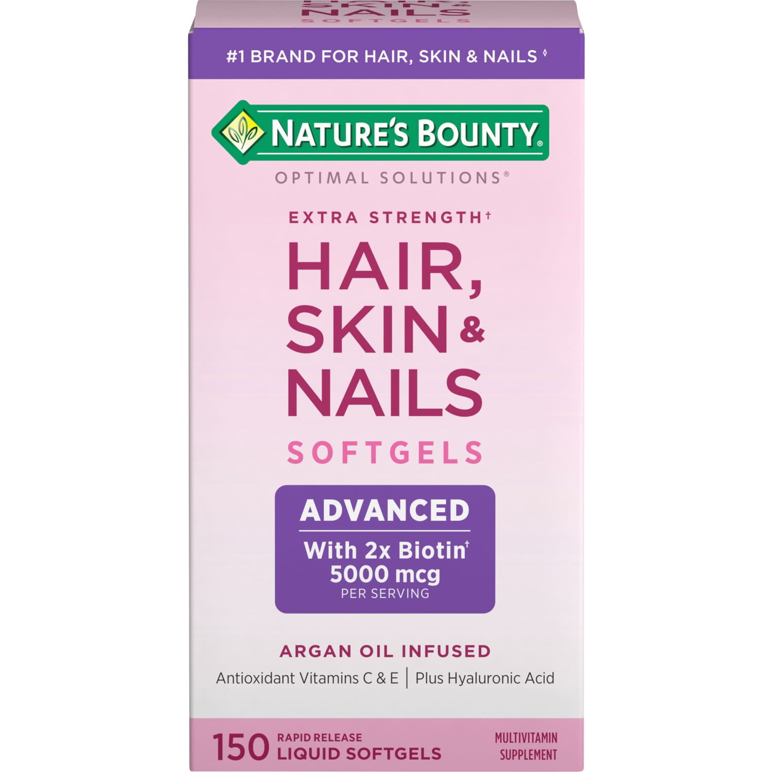 Nature's Bounty Optimal Solutions Advanced Hair, Skin and Nail Biotin & Vitamins A, C, & E Softgels, 150 Count
