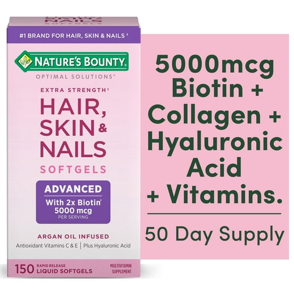 Nature's Bounty Optimal Solutions Advanced Hair, Skin and Nail Biotin & Vitamins A, C, & E Softgels, 150 Count