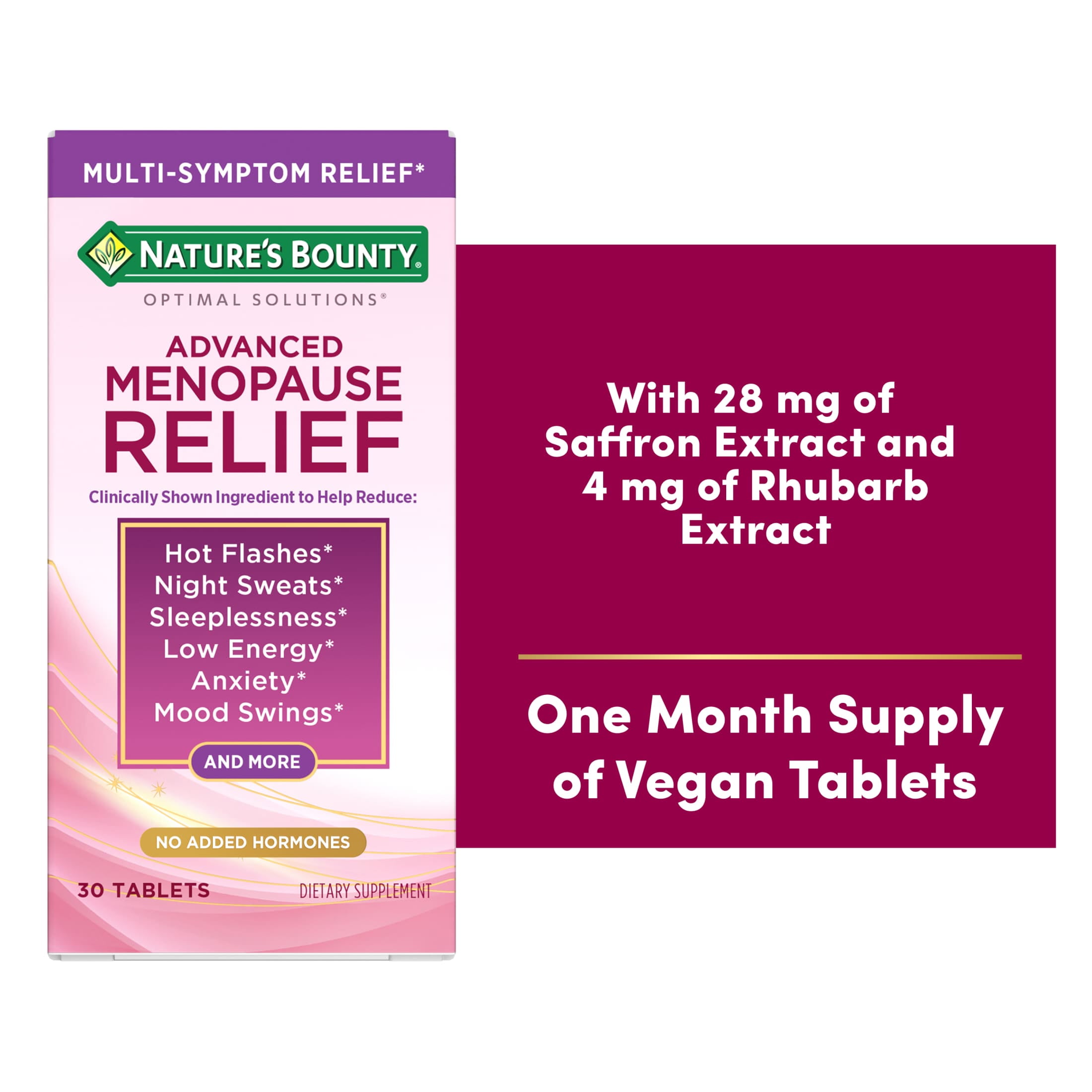 Natures Bounty Advanced Menopause Relief for Menopause Symptoms, Menopause Support, Menopause Vitamins for Women, No added Hormones, Drug-Free, 30 Tablets