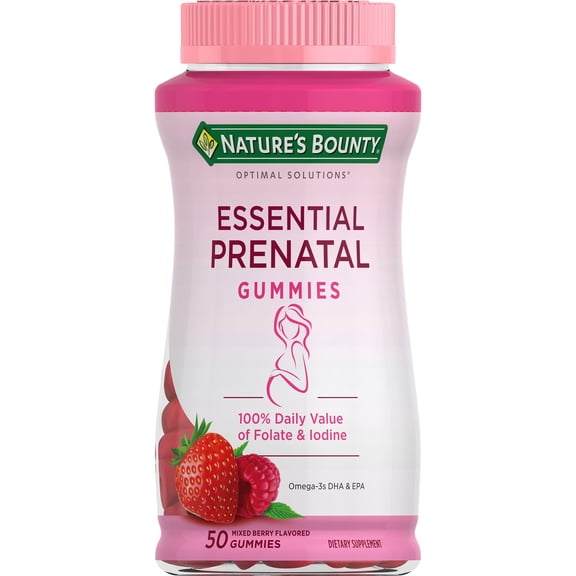 Nature's Bounty Optimal Solutions Essential Prenatal Gummy Vitamins, DFE 600 mcg, Dietary Supplement, 50 Count