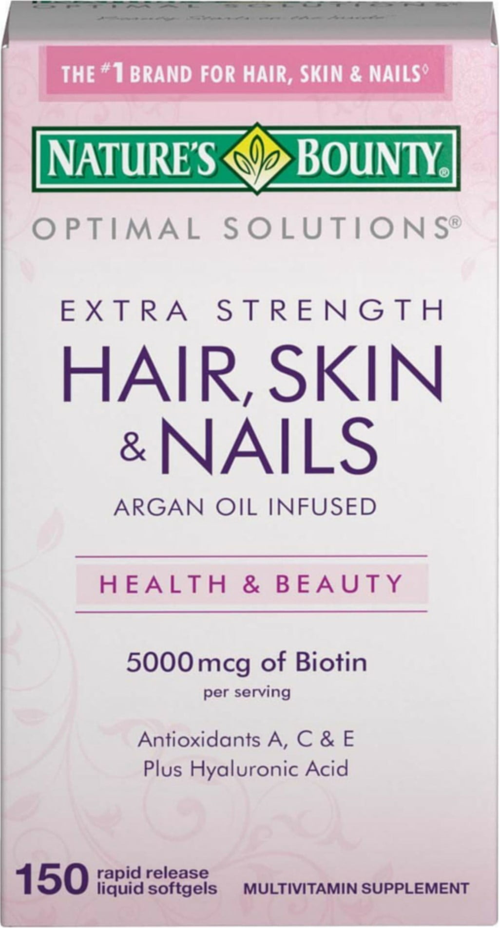 Nature's Bounty Optimal Solutions Extra Srength Hair Skin & Nails 5000 mcg of Biotin, Softgels 150 ea (Pack of 2)