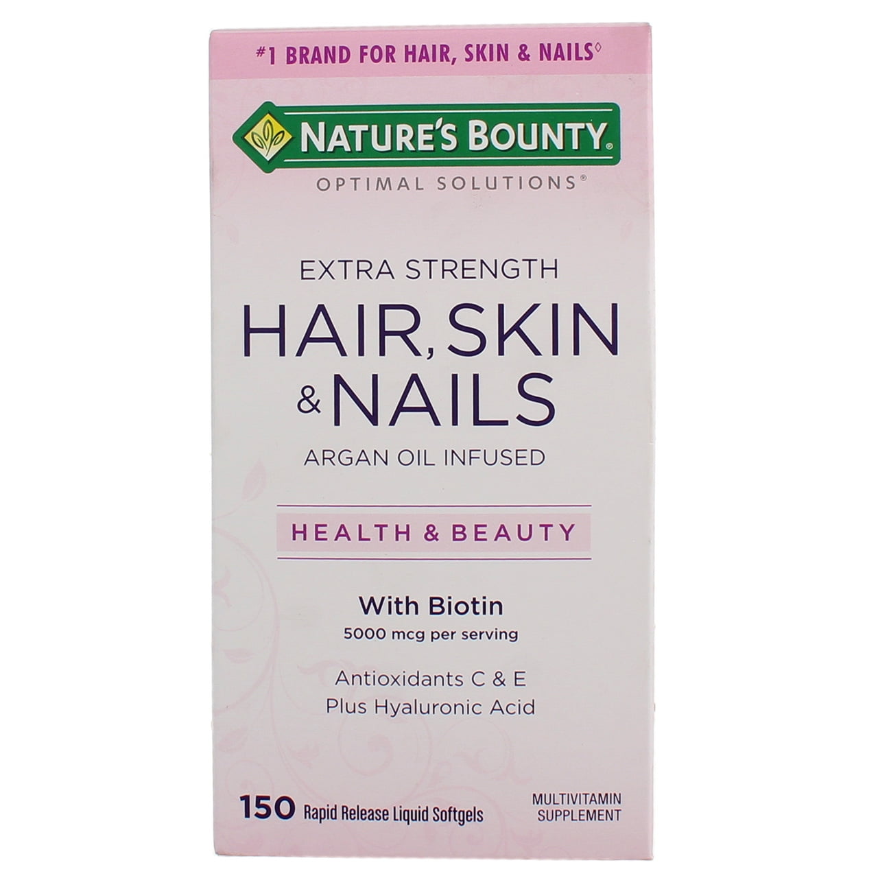 Nature's Bounty Optimal Solutions Extra Srength Hair Skin & Nails 5000 mcg of Biotin, Softgels 150 ea (Pack of 3)