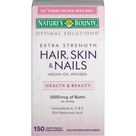 Nature's Bounty Optimal Solutions Extra Srength Hair Skin & Nails 5000 mcg of Biotin, Softgels 150 ea (Pack of 4)