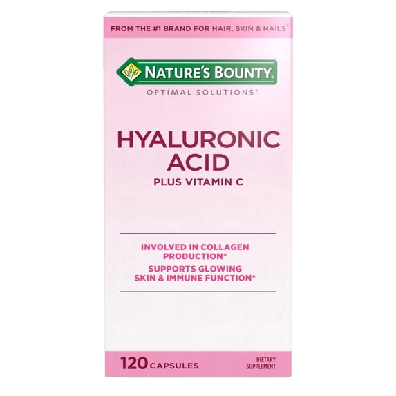 Nature's Bounty Optimal Solutions Hyaluronic Acid, for Glowing Skin Collagen Production Beauty, 120 Capsules