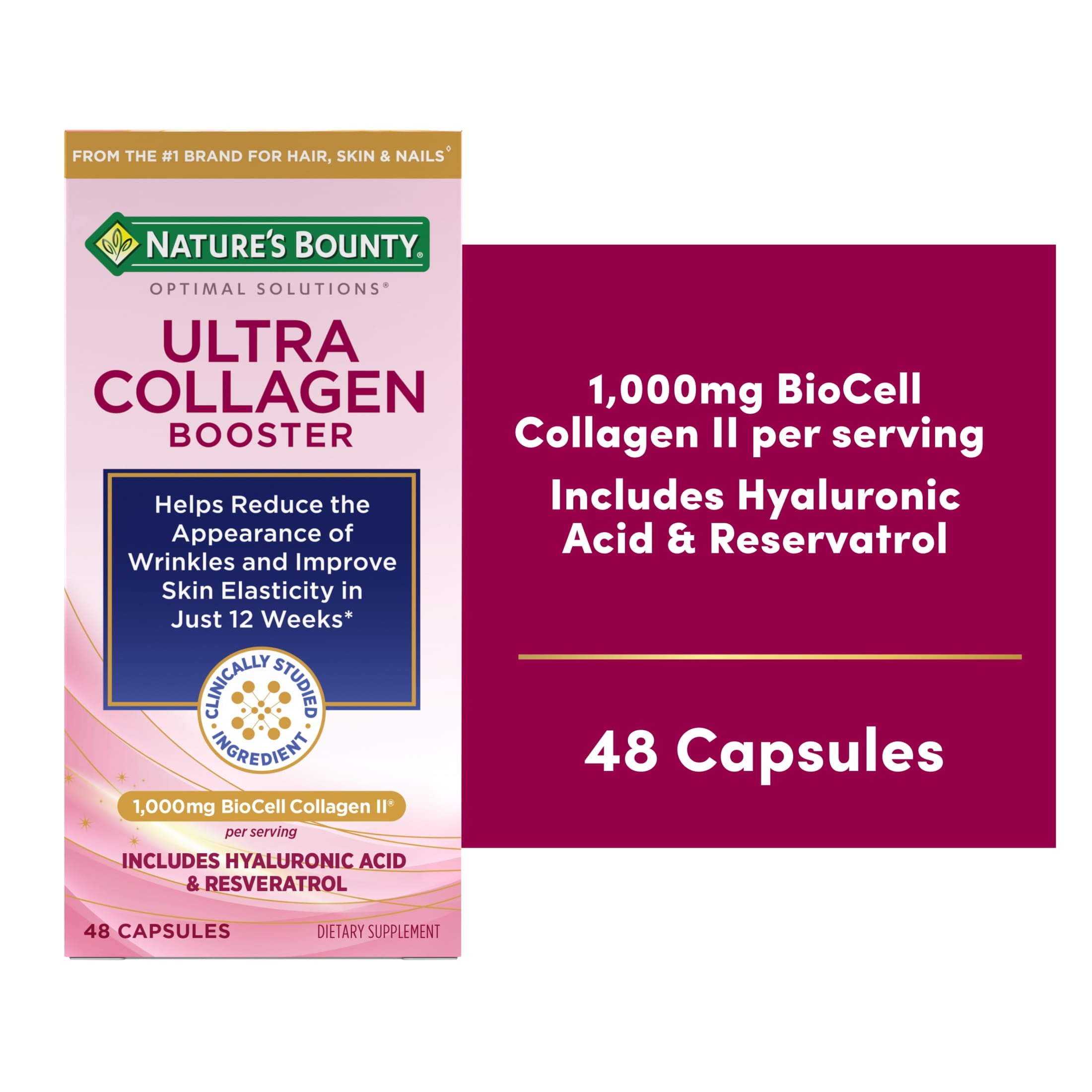 Natures Bounty Optimal Solutions Ultra Collagen Booster for Healthy-Aging, Collagen Supplement, 48 Capsules