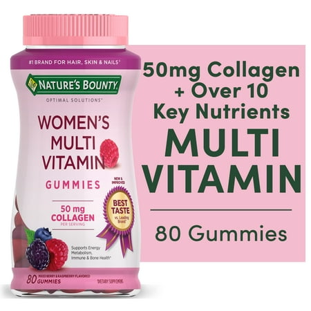 Nature's Bounty Optimal Solutions Women's Multivitamin Gummies with Collagen, Immune and Energy Metabolism Support Dietary Supplement, Raspberry Flavor, 80 Ct