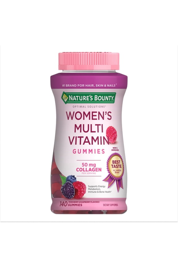 Optimal Solutions Women's Multivitamin Gummies, 50 mg Collagen, Cellular Energy, Immune & Bone Support, Mixed Berry Raspberry, 140 Count