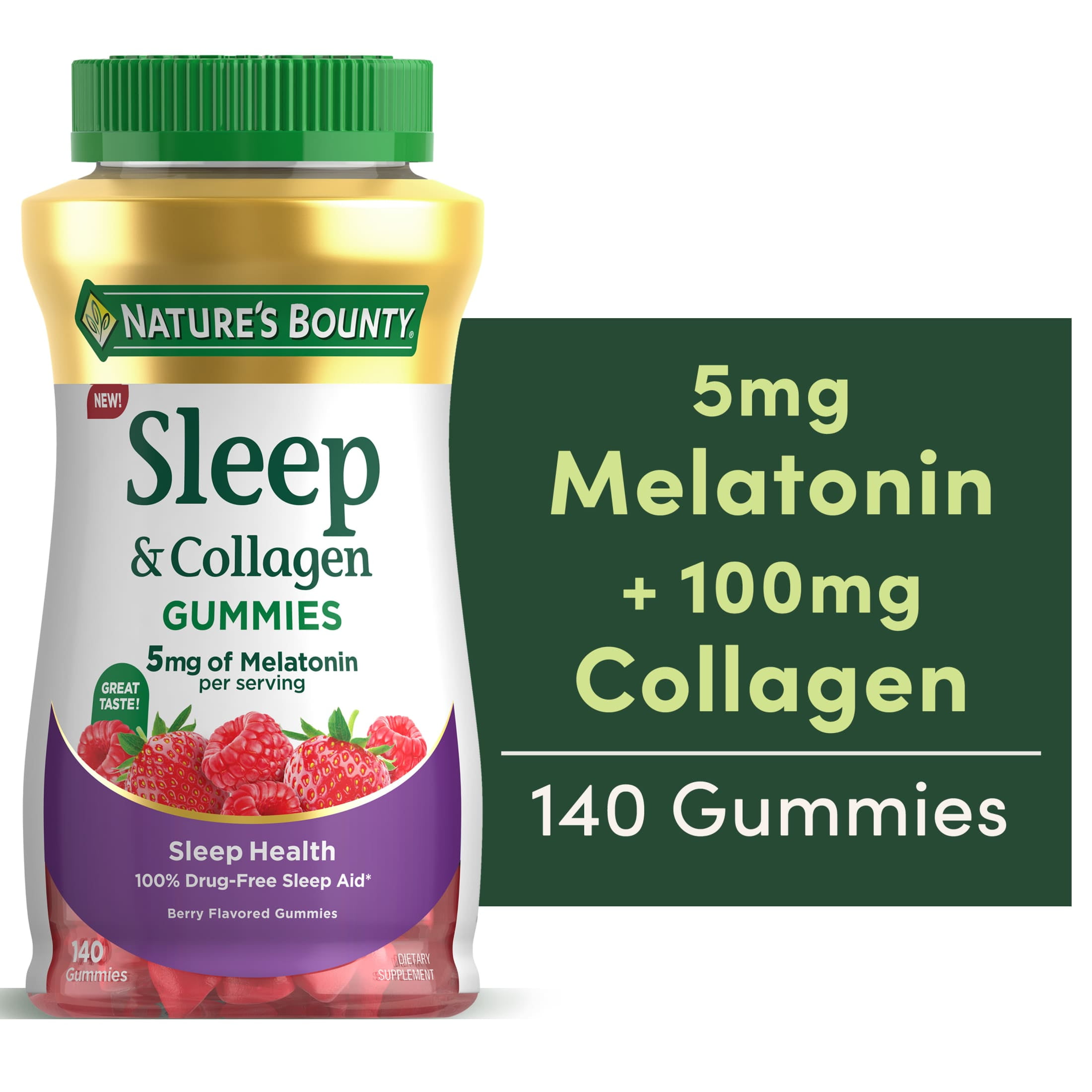 Nature’s Bounty® Sleep + Collagen Gummies, 5mg Melatonin, Sleep Aid, Berry Flavor, 140 Gummies