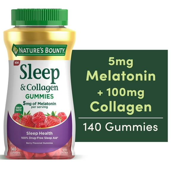 Natures Bounty Sleep + Collagen Gummies, 5mg Melatonin, Sleep Aid, Berry Flavor, 140 Gummies