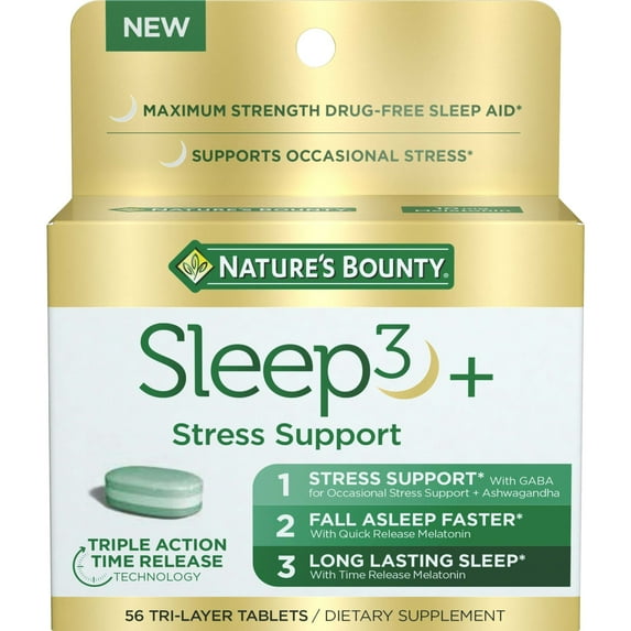 Nature’s Bounty Sleep3 Melatonin Sleep Aid with Stress Support, Dietary Supplement, Tri-Layered Tablets, 56 Count