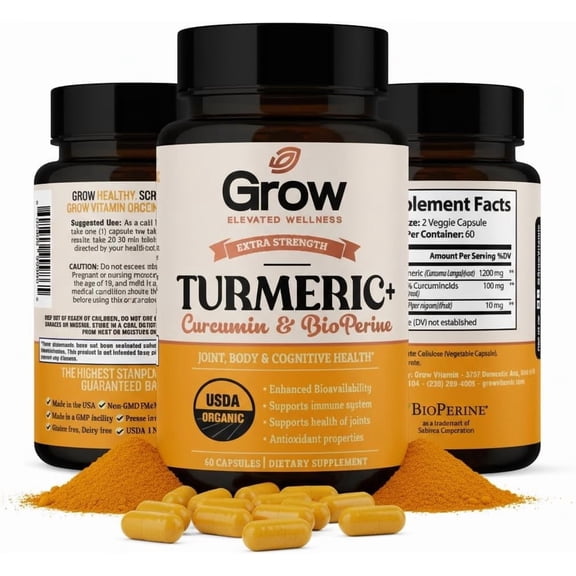 Grow Vitamin Turmeric Capsules Antioxidant Health 1200 mg 60 Count