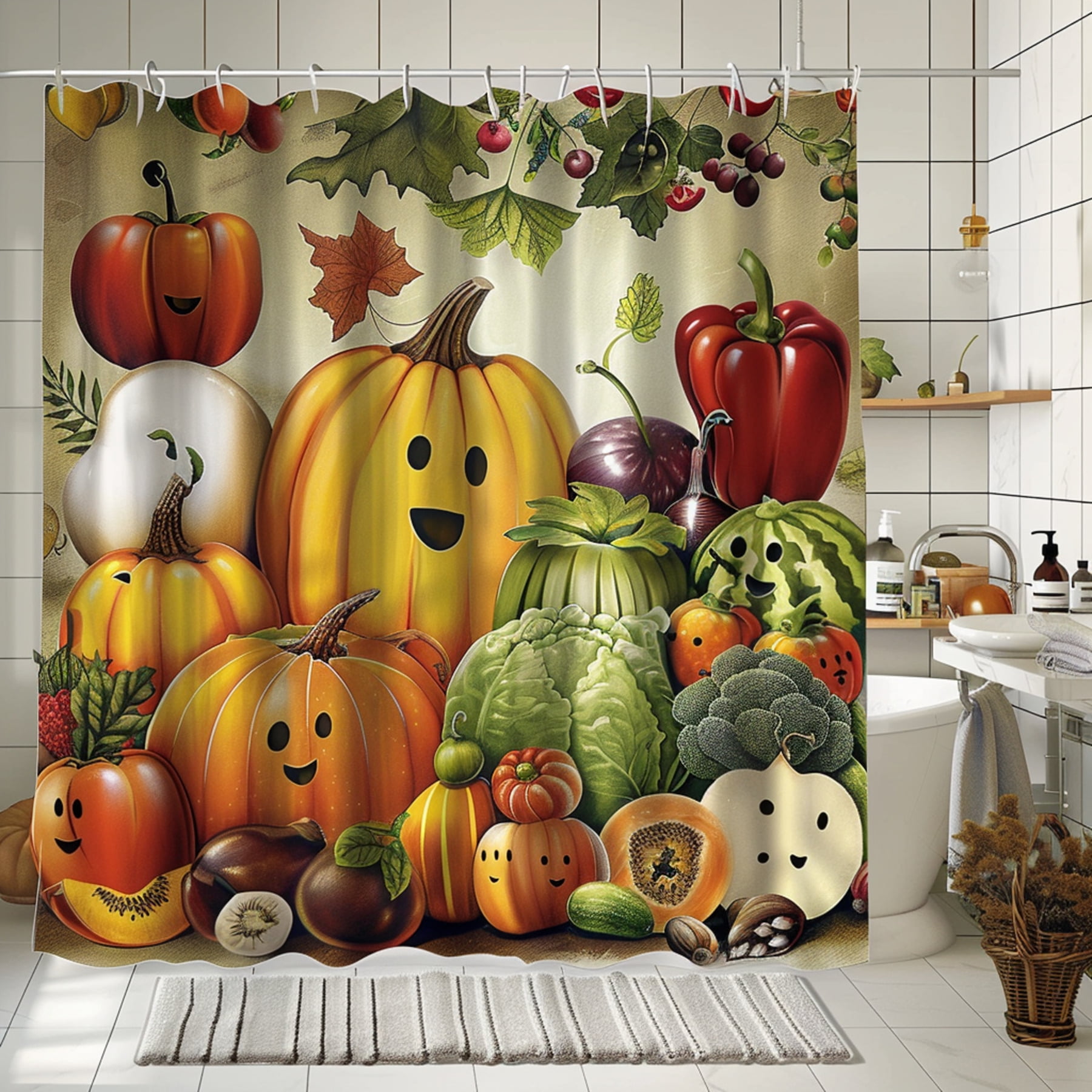 Nature's Bounty Vibrant Fruit and Veggie Faces Shower Curtain