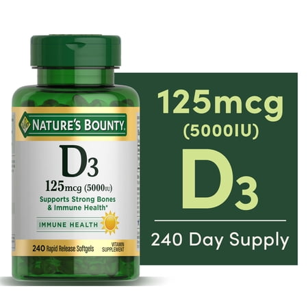 Nature’s Bounty Vitamin D3 5000 IU Softgels for Bone & Immune Support, Vitamin Supplement, 240 Ct