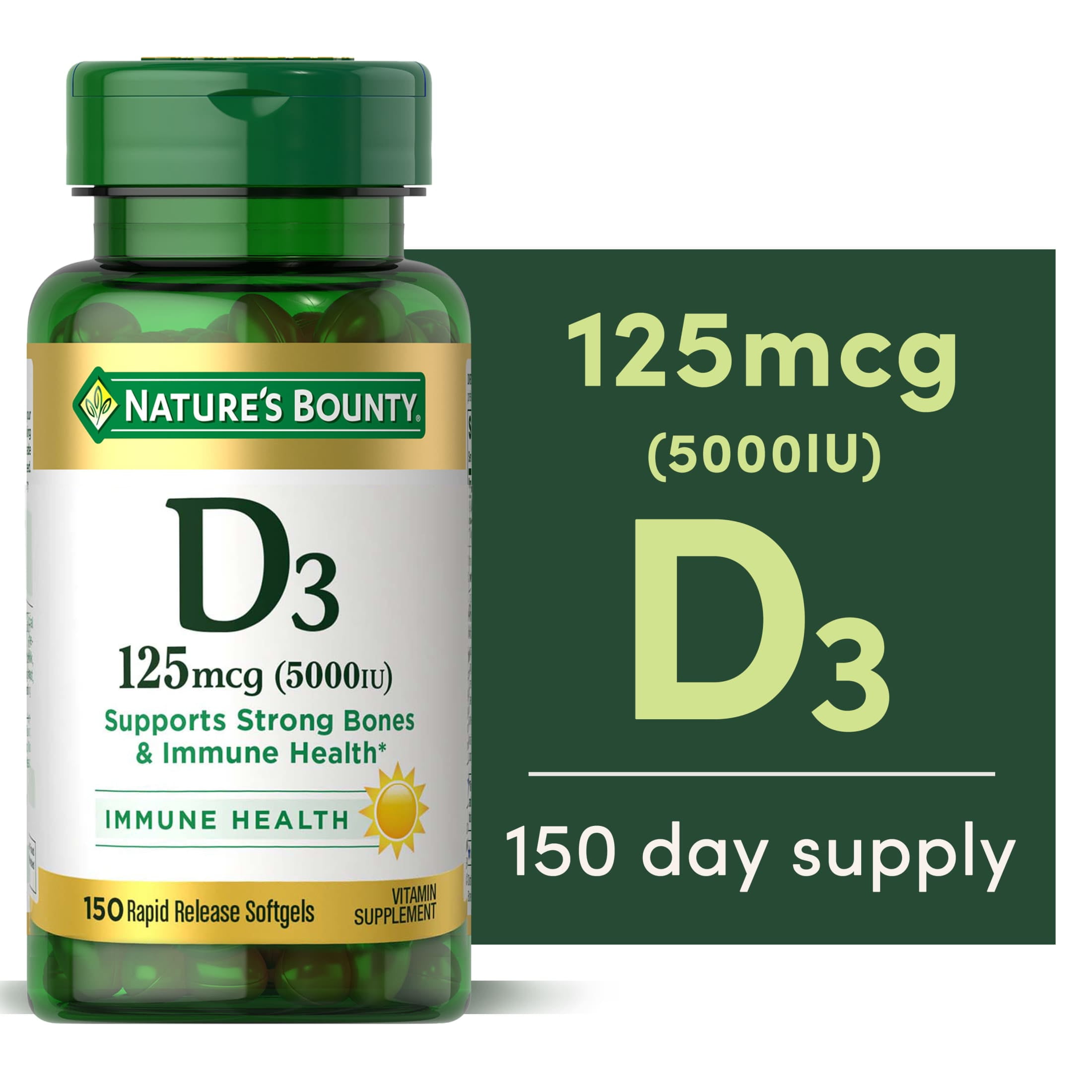 Nature's Bounty Vitamin D3, Immune and Bone Health Support, 125 mcg, Vitamin Supplement, Softgels, 150 Count