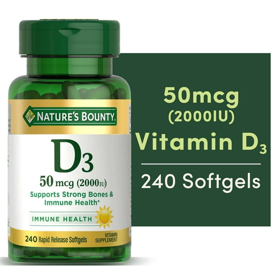 Nature's Bounty Vitamin D3, Immune and Bone Health Support, 50 mcg, Softgels, 240 Ct